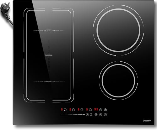 Placa Induccion 4 Fuegos Flexible con Enchufe, Vitroceramica Induccion 60cm 3500W, Placa Inducción 230v 9 Niveles, Función Boost-Aislamiento, temporizador, Bloqueo Para Niños, Negro