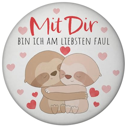 Faultier Paar Magnet rund rund mit Spruch Mit dir Bin ich am liebsten faul Knuffiges Valentinsgeschenk Kuschel-Liebesbote für den Partner am Valentinstag