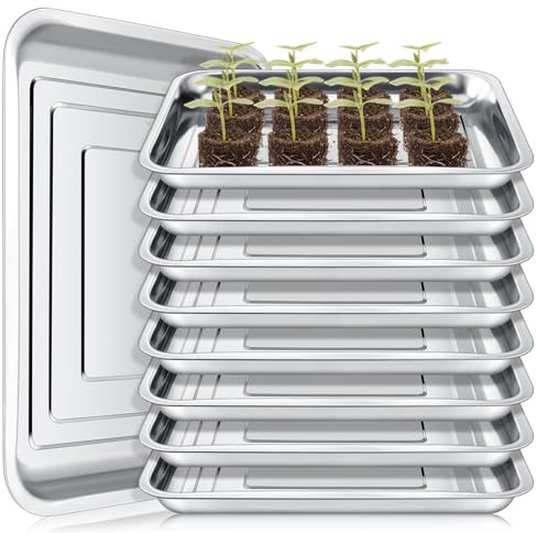 FillTouch 10 Pcs Stainless Steel Seed Starter Tray Growing Trays Plant Seed Trays No Drain Holes Metal Seedling Tray for Spring Nursery Garden Wheatgrass Soil Hydroponic(10.6 x 7.9 x 1.4 Inch)