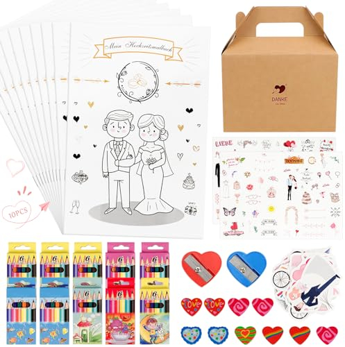 Hochzeitsmalbuch Kinder, Hochzeitsmalbuch 10er Set mit 10 Schachteln Buntstifte und Spitzern, Hochzeit Mitgesbel Malbuch Gastgeschenke Hochzeit für Kinder