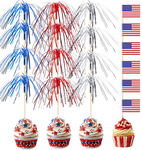 BOARDFEB 4th of July Cupcake Toppers, Patriotic Firework Cocktail Picks Independence Day American Flags Toothpicks Fruit Skewers for 4th of July Party BBQ Drinks Dessert Red White and Blue Decorations