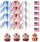BOARDFEB 4th of July Cupcake Toppers, Patriotic Firework Cocktail Picks Independence Day American Flags Toothpicks Fruit Skewers for 4th of July Party BBQ Drinks Dessert Red White and Blue Decorations