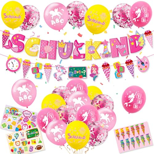 Einschulung Deko Mädchen, Schuleinführung Schulanfang Deko Set, Rosa Schulkind Luftballon mit Einhorn Meerjungfrau ABC 123 Muster, SCHULKIND Banner, Zuckertüte Girlande und Aufkleber Einschulung