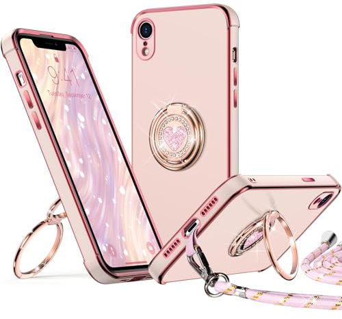 XYZ Cover per iPhone XR con Supporto, Custodia con Doppio Anello a Forma di Cuore con Cordino per Ragazze e Donne, Custodia Protettiva di Lusso per iPhone XR, Rosa