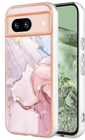 Knoowcase for Google Pixel 8a Case Marble Silicone Cover Shockproof Bumper Glitter Plated Gold Edges Protective Flexible TPU Rubber Skin Case for Google Pixel 8a Women,Rose Gold