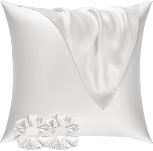 Satin Kissenbezug 80x80 2er Set & 2 Haargummis, Satin Kopfkissenbezug 80x80 Ivory, Weich wie Seidenkissenbezug 80x80,Bessere Pflege als Silk Pillosecase,Kissenhülle Kissenbezug für Haar und Haut