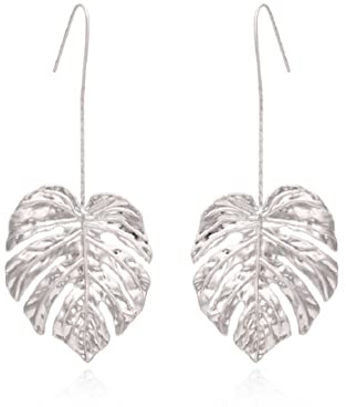 Palmblatt-Ohrringe für Frauen, Monstera-Blatt-Ohrringe für Mädchen, Böhmische Blatt-Strand-Tropfen Ohrringe, Tropische Palmblatt-Aussage-Ohrringe, Blatt Schmuck (Silber)