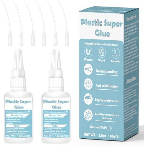 Colla per plastica da 60 g, super colla istantanea per plastica, eccellente adesione, impermeabile, asciugatura rapida in 10 secondi, colla più forte per plastica su plastica, colla per plastica