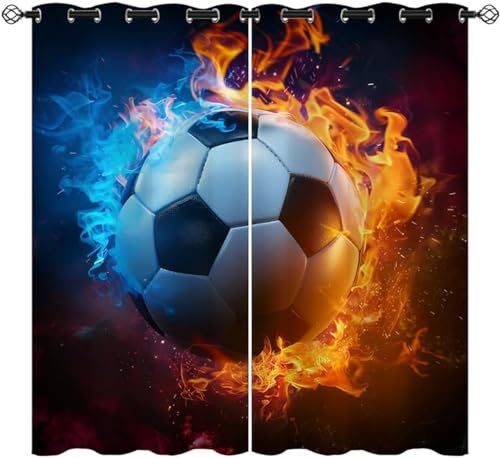 ZZTBQ Fußball Verdunkelungsvorhang Für Kinderzimmer Flammen Fußball Druck Gardinen Blickdichter 2er Set Vorhang Verdunkelung mit Ösen 150x166cm Für Jungen Mädchen Kinder Schlafzimmer