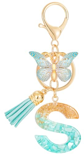 MWOOT Letter S Keychain Initiale Buchstaben-Schlüsselanhänger,Alphabet Harz Blume Key Chain mit Schmetterling Quaste Anhänger Handtasche Geldbörse Charm,Rosa Blütenblatt Keyring für Frauen(S)
