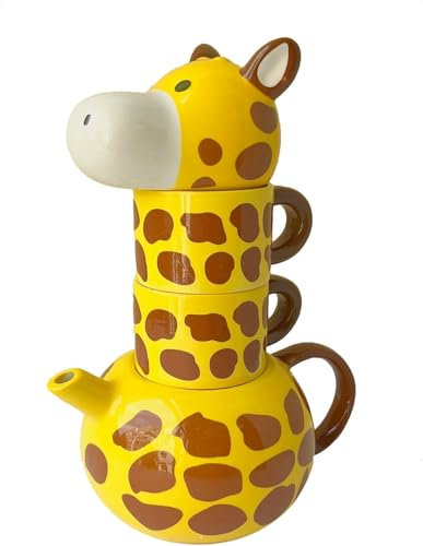 Théière en céramique avec 2 Tasses à thé, théière Girafe en Forme d'animal de Dessin animé Mignon avec Couvercle