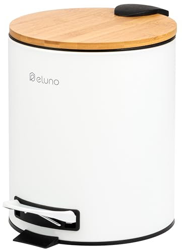 eluno Poubelle de salle de bain à pédale avec couvercle en bambou à fermeture douce et seau intérieur amovible en bambou et métal 5 l (Blanc)