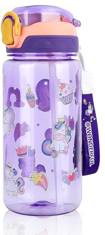Sigdio Borraccia Bambini 600ml con Cannuccia Bottiglia Bambini Senza BPA a Prova di perdite Ideale per Scuola, Casa e attività all'aperto (Viola, 600ml)
