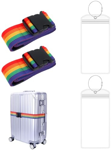 2 stycken bagagehållarremmar + 2 stycken bagagelappar ingår, praktiskt resetillbehör för bagage, regnbågsfärger, halkfri justerbar, bagagemärkning