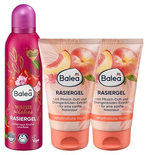 Balea 3er-Set Rasur & Hautpflege: Rasiergel WARM WISHES cremig-sanfter Schaum mit Duft nach Kirsche & Rose (200 ml) + Rasiergel PFIRSICH für sanfte Nassrasur & empfindliche Haut (2 x 150 ml), 500 ml