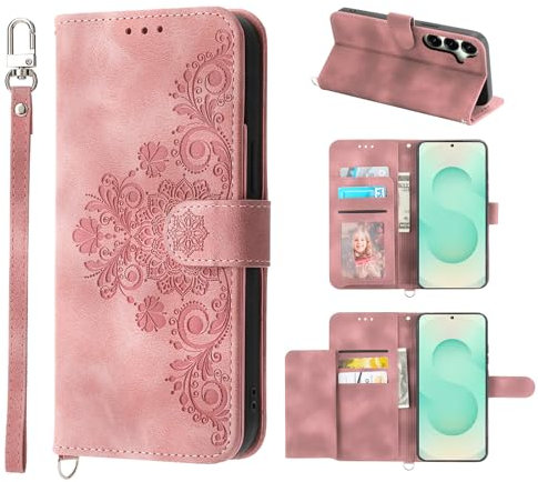 Auslbin Hülle für Samsung Galaxy S25 Plus/S24 Plus 5G Blumen Tasche, 5 Kartenfächer Handyhülle für Samsung Galaxy S25 Plus/S24 Plus Vintage-Stil PU-Leder Flip Schutzhülle, Rosa