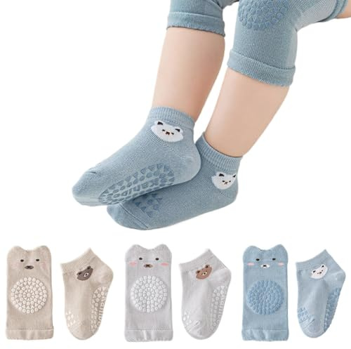 Ginocchiere separate calzini pavimento, ginocchiere gattonare bambino + calzini gattonare bambino, 3 coppie Antiscivolo gomma punti gattonare Baby gattonare ginocchiere Adatto per 0-1 anni bambino
