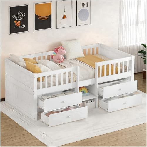 Lubvtti Cama para niños con 4 cajones, Cama Montessori 90 x 200 cm,Cama Infantil con barandilla y Base de láminas, sin colchón, Estilo Minimalista,Blanco