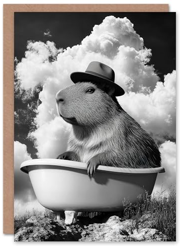 Artery8 Greeting Card Capybara with Hat in Bathtub Black White Surreal Blank For Him Or Her Art Birthday Card