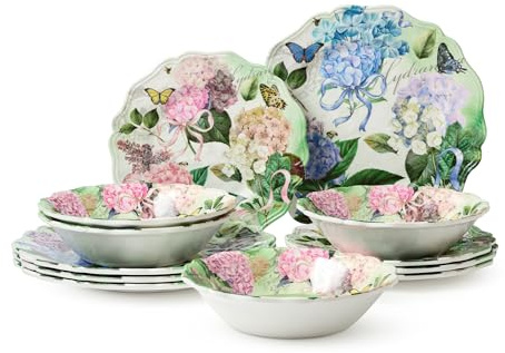 Garden Path Melamine 12-Piece Dinnerware Set - Hydrangea Design, Service for 4 with Dinner Plates, Salad Plates, and Bowls - Durable, Lightweight, and Dishwasher-Safe