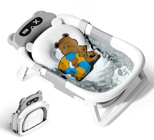 Baignoire pour bébé avec thermomètre, baignoire pliable pour nouveau-né portable avec coussin doux pour nourrisson, ours gris
