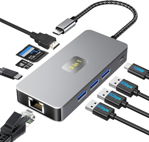 Dalimee Hub USB C 3.0, 9 in 1 USB C Docking Station con 3XUSB3.0, USB-C2.0, 4K@60Hz HDTV, PD 100W ricarica rapida, Gigabit Ethernet, lettore di schede SD/TF, docking station Type-C per MacBook/laptop