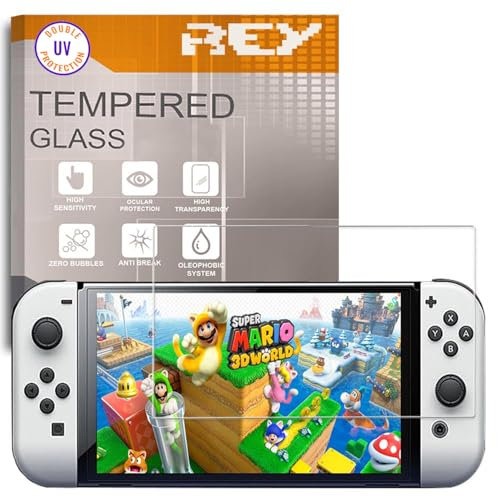 REY Protector de Pantalla para Nintendo Switch OLED, Cristal con Doble Protección UV, Vidrio Templado Premium 9H+