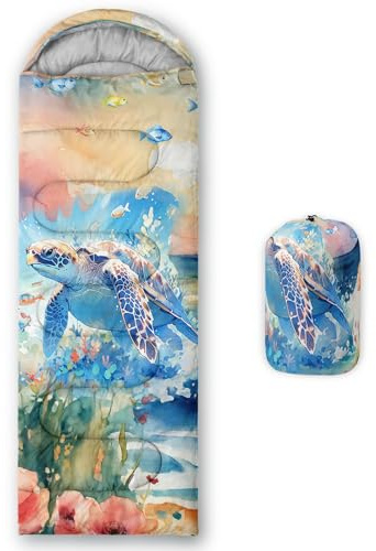 Smell Sunshine Kinder-Schlafsack für Jungen und Mädchen, Cartoon-Blauer Schildkröten-Druck, leicht, warm, tragbar, für drinnen und draußen, wasserdicht, kältebeständig, Schlafsack für Camping, Wandern