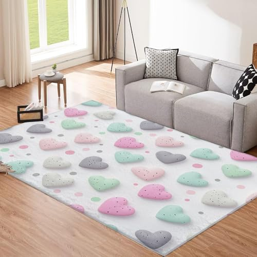 CEDNXOER Mintgrün Liebesherz Teppich für Wohnzimmer, 50x80cm Waschbarer Kurzflor Rechteckiger Rutschfester für Schlafzimmer Küche Esszimmer Einfach Tupfen Deko Carpet