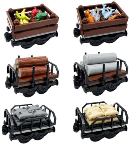 City Güterzug Auto Waggon Bausteine Bausatz, 6 Set Transportfach Bausteine Set, Technik Schienentransportwagen Modellbausatz, City Zug Eisenbahn Zubehör