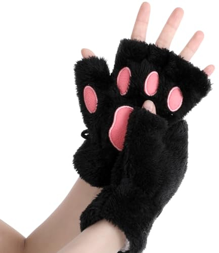 Yolev Guantes sin dedos con patas de gato para carnaval, guantes de pelo dulces, guantes de piel negra, guante de pata de gato, disfraz de Halloween, ropa novedosa, accesorios de cosplay