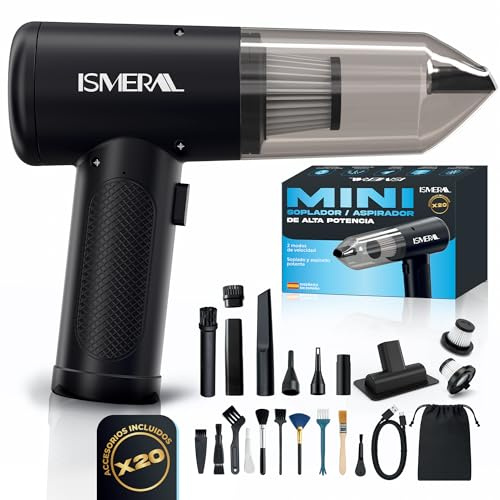 Aspirador de Mano 26000 Pa y Soplador de Aire Potente 150000RPM 2 Niveles | 6000 MAH Batería, 7 Accesorios Aspirado y Soplado+ 3 Filtros Lavables+ 10 Cepillos Manuales+ Bolsa de Trasporte para Coche,