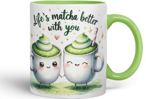 Vixar Life’s Matcha Better with You Coloured Ceramic Cup Mug – Cute Matcha Lovers Gift for Couple, Friends or Partner – 11oz (Light Green)