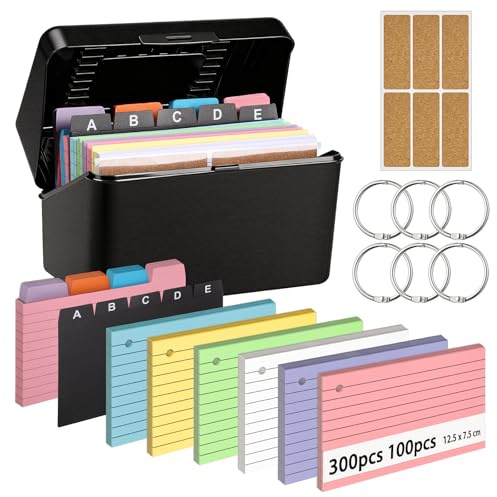 Karteikarten Box Set, 12,5 x 7,5 cm Karteikasten Set Inkl. 400 Karteikarten | 5 Register 6 Loseblattring 6 Aufkleber, Karteikartenbox Lernkarten für Vokabel Lernen Notizen Schule Büro Zuhause