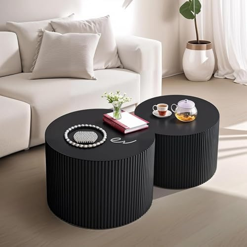 Schwarzer runder geriffelter Couchtisch im 2er-Set (A 27.6+19.7in) | Stilvolle Kombination aus Mitteltisch - Handgefertigtes Geprägtes Design, für das Wohnzimmer – Kein Zusammenbau Erforderlich