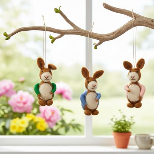 LB H&F Osterhasen 3er Set Figuren 10cm groß zum Hinstellen oder Aufhängen, Handarbeit mit vielen Details, Ostern Osterdeko aus Filz, Deko Hasen (3)