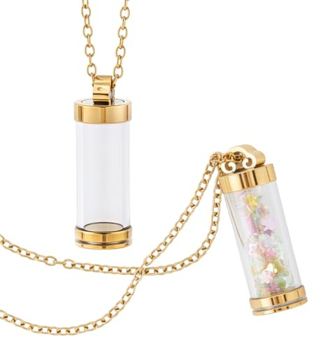 FINGERINSPIRE 2 Set Glass Bottle Necklace Kit: 2Pcs Clear Glass Bottle Pendant with 2Pcs 304 Stainless Steel Chain 38mm Clear Vial Urn Jewelry for Ashes, Sand & Keepsakes, Lobster Clasp Design
