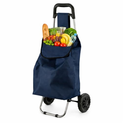 Carrellino Con Ruote Porta Tutto, Leggero – Carrellino Spesa con Ruote in EVA Ø16,5 cm, Struttura in Acciaio, Borsa 33L in Poliestere, Manico Ergonomico – Spesa Facile e Senza Sforzo (Blu)