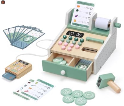 JIYANA Montessori Kasse Kinder Holz, Spielkasse Kinder inkl. Spielgeld & Kartenlesegerät. Kaufladen Kasse Zubehör, Geschenk für Mädchen & Jungen ab 3 4 5 Jahre, Geschenk Kind Geburtstag