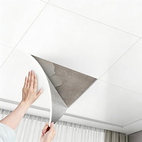 Dalle de Plafond Dalles de Faux-Plafond Autocollantes pour Salle de Bains et Salon, Panneaux Muraux éLéGants La DéCoration Diy, Dalles Murales PVC à Coller(White,50 pcs (Cover 4.5 m²))