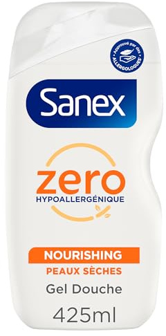 Sanex, Gel Douche Zero% Nourrissant, Peaux Sèches Famille, 425 ml | Gel douche corps, visage et cheveux, Formule hypoallergénique et sans savon pour toute la famille, Hydratation longue durée