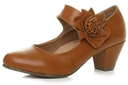 AJVANI Womens Ladies Low Block Kitten Heel Mary Jane Style Flower Leather Lined Work Court Shoes Pumps Size.