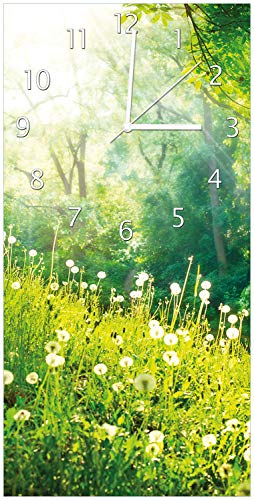 Wallario Design-Wanduhr Pusteblumen im Wald mit einfallenden Sonnenstrahlen aus Glas, Motiv-Uhr Größe 30 x 60 cm, weiße Zeiger