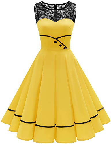 Bbonlinedress Rockabilly Kleider Damen festlich 50er Jahre Kleider Abendkleider elegant für Hochzeit gast Cocktailkleid Sommerkleid Yellow XL