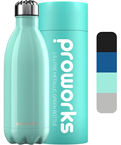 Proworks Edelstahl Trinkflasche | 24 Std. Kalt und 12 Std. Heiß - Premium Vakuum Wasserflasche - Perfekte Isolierflasche für Sport, Laufen, Fahrrad, Yoga, Wandern und Camping - 1.5 Liter - Grün