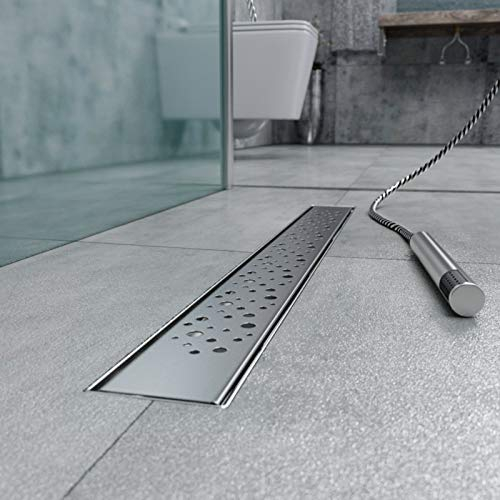 Duschrinne h-g12-1100, Siphon mit Geruchsstop und Haarsieb, Randablauf, Größen 30cm - 120cm, Edelstahl Ablaufrinne, Bodenablauf, Duschablauf sehr flach, Komplettset mit Bodenbefestigung Bubbles 110cm