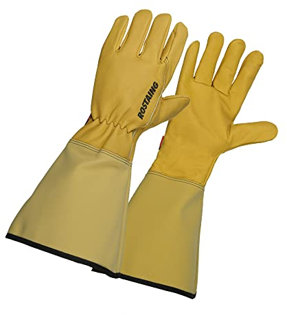 Guantes ROSTAING ROSERAIE - Par de Guantes Largos de Cuero Tratado Hidrófugo - Todos los Trabajos en Ambientes Secos y Húmedos - Poda de Rosales y Pequeñas Plantas Espinosas - Puño Protector Antebrazo