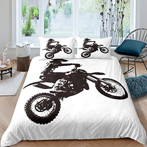 Teens Dirt Bike Bedding Set Motorbike Sport Duvet Cover Single Size Motocross Rider Comforter Cover For Kids Boys Adult Bedroom Motorcycle Extreme Sport Quilt Cover Black White