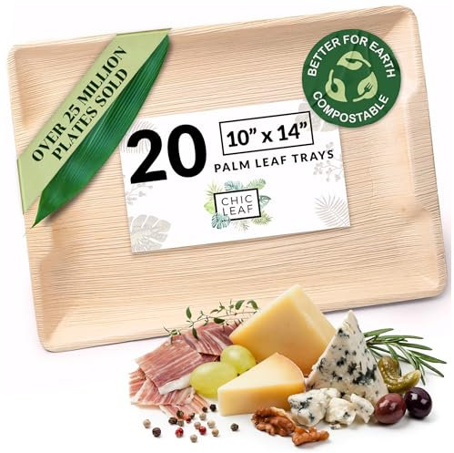 Chic Leaf Lot de 20 plateaux rectangulaires entièrement naturels compostables et jetables en feuille de palmier pour fêtes, charcuterie, restauration et mariages - Assiettes de fête - Plateaux de