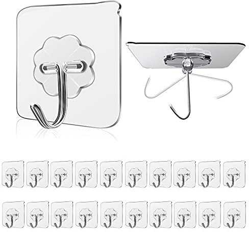 Transparent Seamless Hooks 15Kg Max, Waterproof Oilproof Heavy Duty Adhesive Coat Hooks (20Pack) for Bathroom Kitchen Ceiling Utility Towel Hanging
